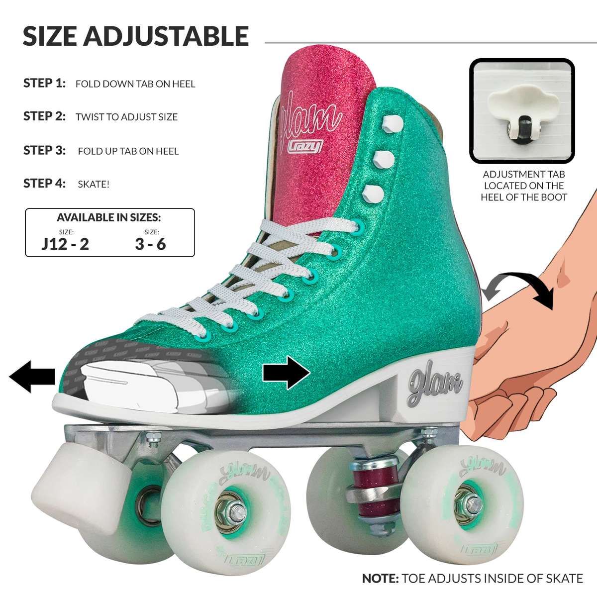 Crazy Glam Adjustable Roller Skates Teal/Pink